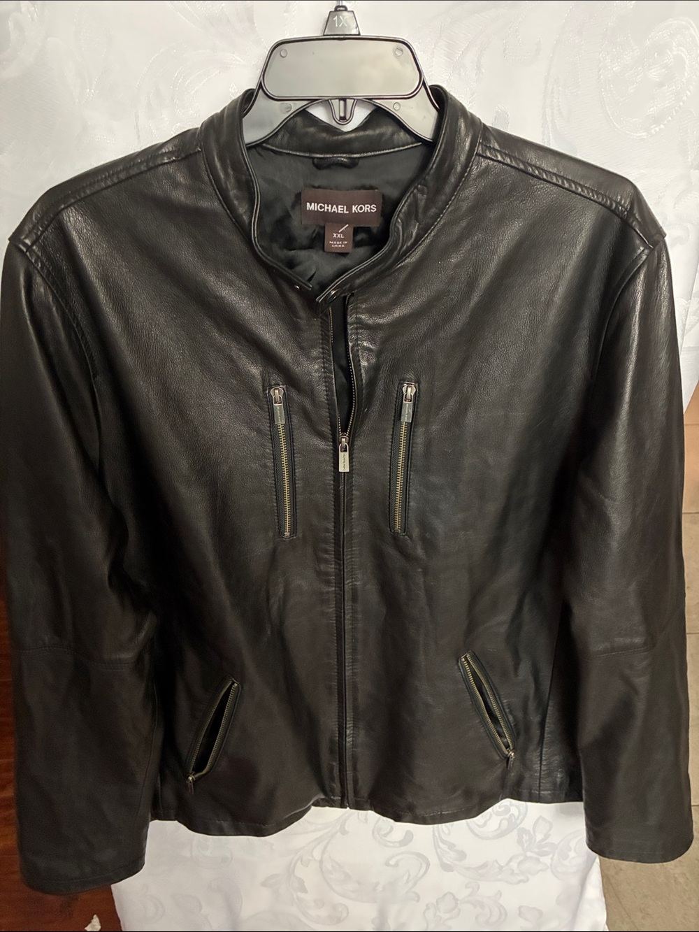 Men’s Michael Kors Black Leather Bomber Jacket with Zip Pockets